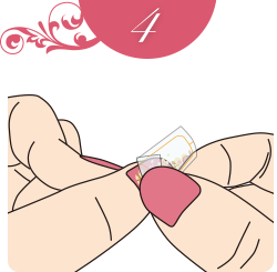 Peel off the top clear film and wind it up from base of nail slowly and smoothly. Please press stably with fingers or cloth.